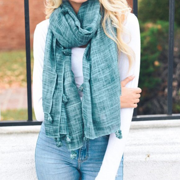 Pom Lightweight Tassel Scarf in Teal - Picture 2 of 4